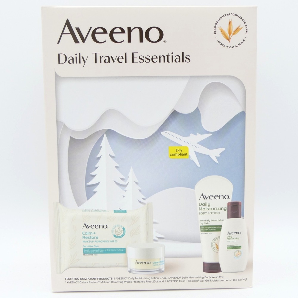 Aveeno Daily Travel Essentials Set w/ Moisturizer Gel, Lotion, Body Wash, Wipes